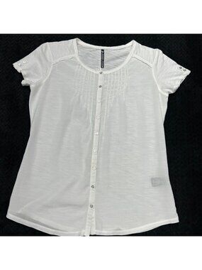 KUHL White Short Sleeve Blouse With Pleated Front & Decorative Sleeve Buttons Si